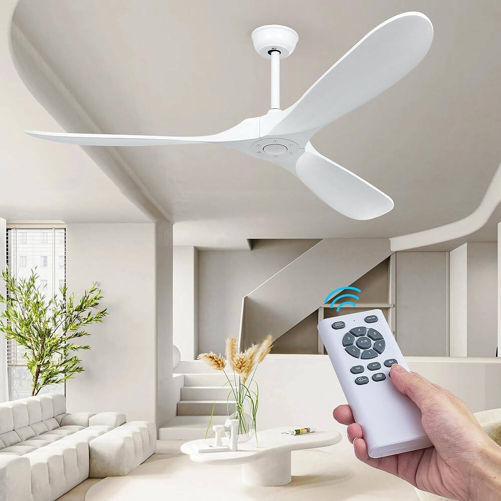 Front. Domanki - 60" Wood Ceiling Fan no Lights with Remote, Reversible DC Motor 6-Speed, 3 Blades Modern Propeller Ceiling Fans - White.