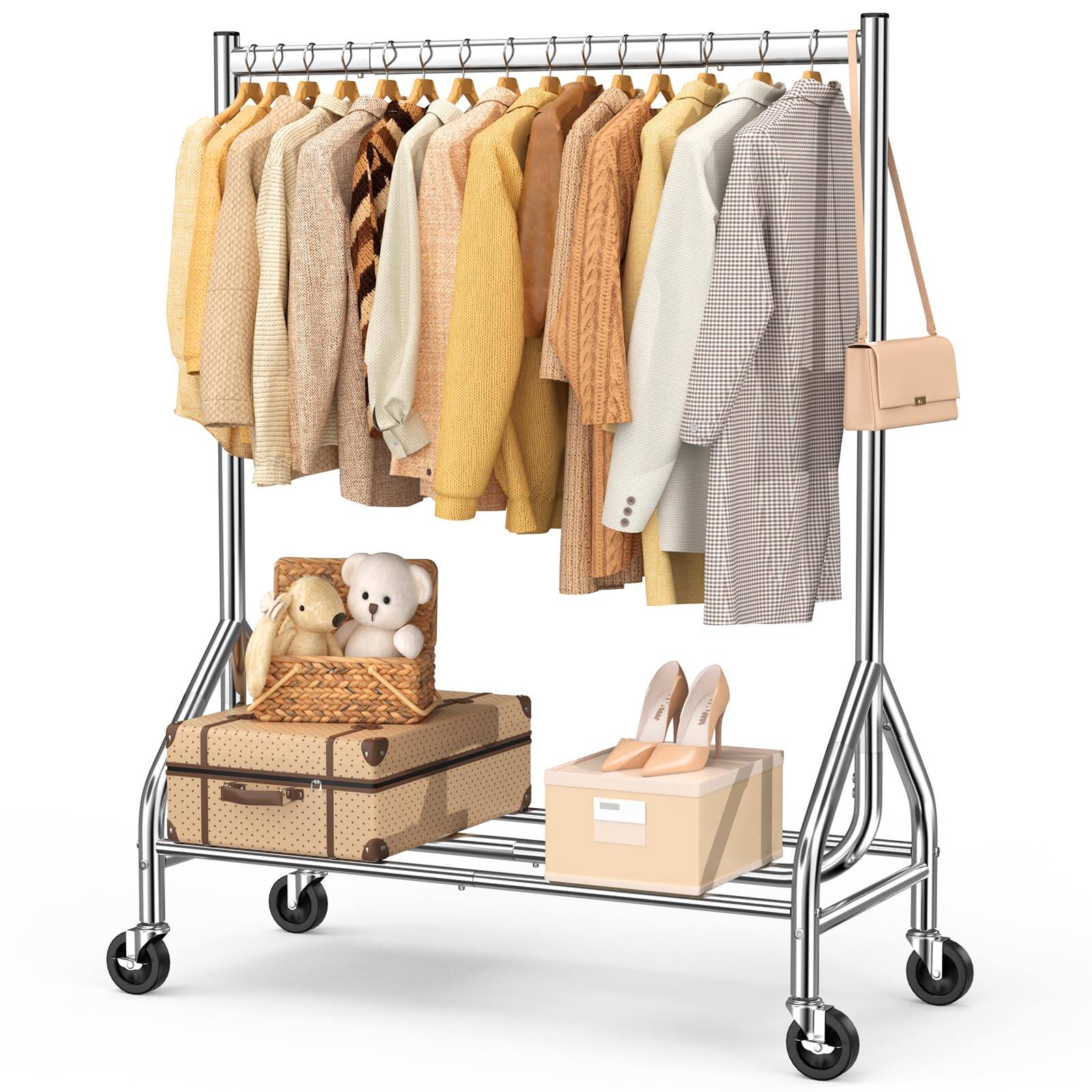 Refined Abode Design - Heavy Duty Clothes Rack Load Rolling Garment With Lockable Wheels Standing Metal Clothing Shelves Portable - Silver 43.3″×18.9″×63″