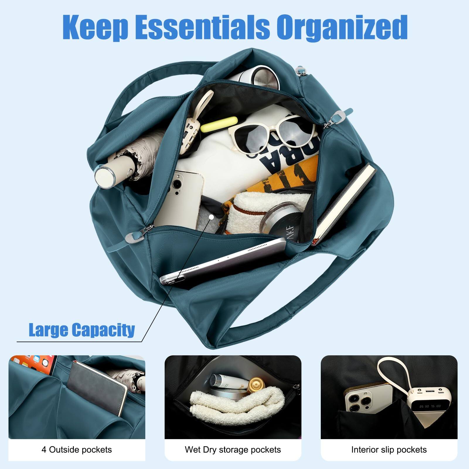 Keep Essentials Organized

Large Capacity

4 Outside pockets

Wet Dry storage pockets

Interior slip pockets