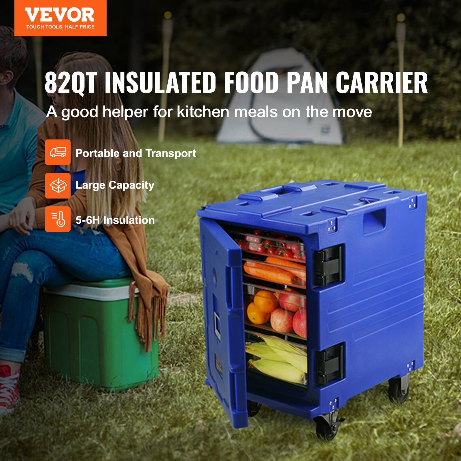 VEVOR TOUGH TOOLS, HALF PRICE
82QT INSULATED FOOD PAN CARRIER
A good helper for kitchen meals on the move
Portable and Transport
Large Capacity
5-6H Insulation