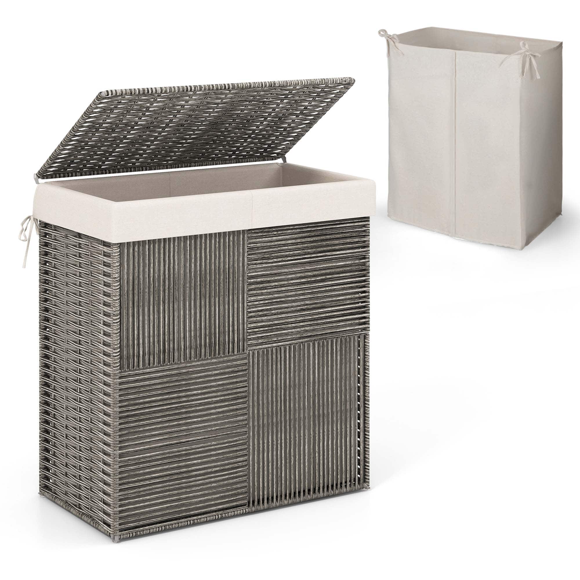 Costway - Hand-woven Rattan Laundry Hamper with Lid Removable Liner Bag 29-Gallon 2-Section - Grey