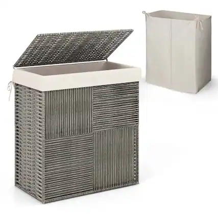 Front. Costway - Hand-woven Rattan Laundry Hamper with Lid Removable Liner Bag 29-Gallon 2-Section - Grey.