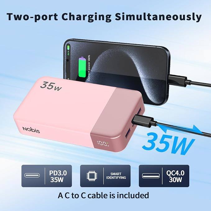 Two-port Charging Simultaneously

66% 35w
66% power Current

Nobis PD3.0 35W
35W SMART QC4.0 IDENTIFYING 30W

A C to C cable is included