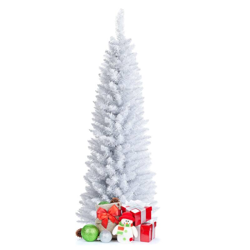 Front. WELLFOR - 5 ft Unlit Artificial Pencil Christmas Tree, White Slim Xmas Tree with 240 Branch Tips and Metal Stand - White.