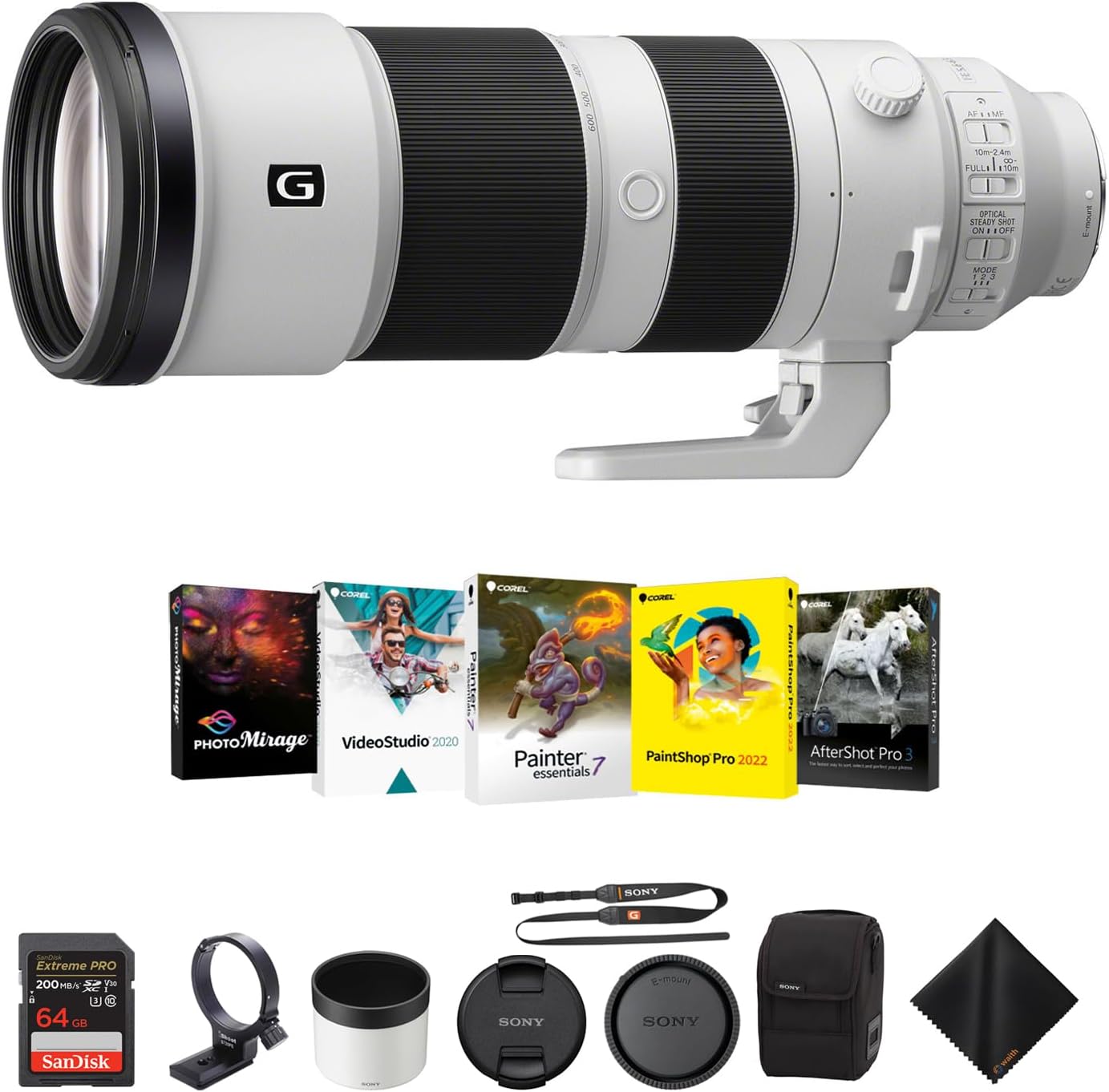 Sure, here is the corrected and grouped text from the image:

---

**Camera Lens:**
- Sony
- 100-240mm
- FULL FRAME
- OPTICAL STEADYSHOT
- ON/OFF
- AF/MF
- G

**Software:**
- Corel PHOTO Mirage
- Corel VideoStudio 2020
- Corel Painter Essentials 7
- Corel PaintShop Pro 2022
- Corel AfterShot Pro 3

**Accessories:**
- SanDisk Extreme PRO 64 GB
- Sony Lens Hood
- Sony Lens Cap
- Sony Camera Strap
- Sony Camera Case
- Sony Camera Cleaning Cloth

---