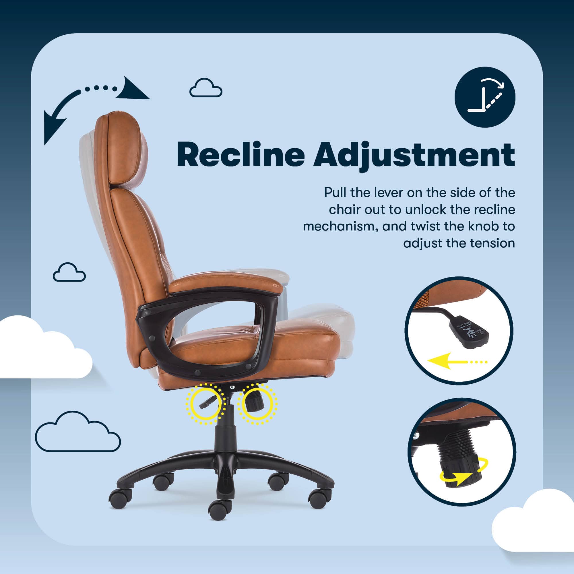 Recline Adjustment:
1. Pull the lever on the side of the chair out to unlock the recline mechanism.
2. Twist the knob to adjust the tension.