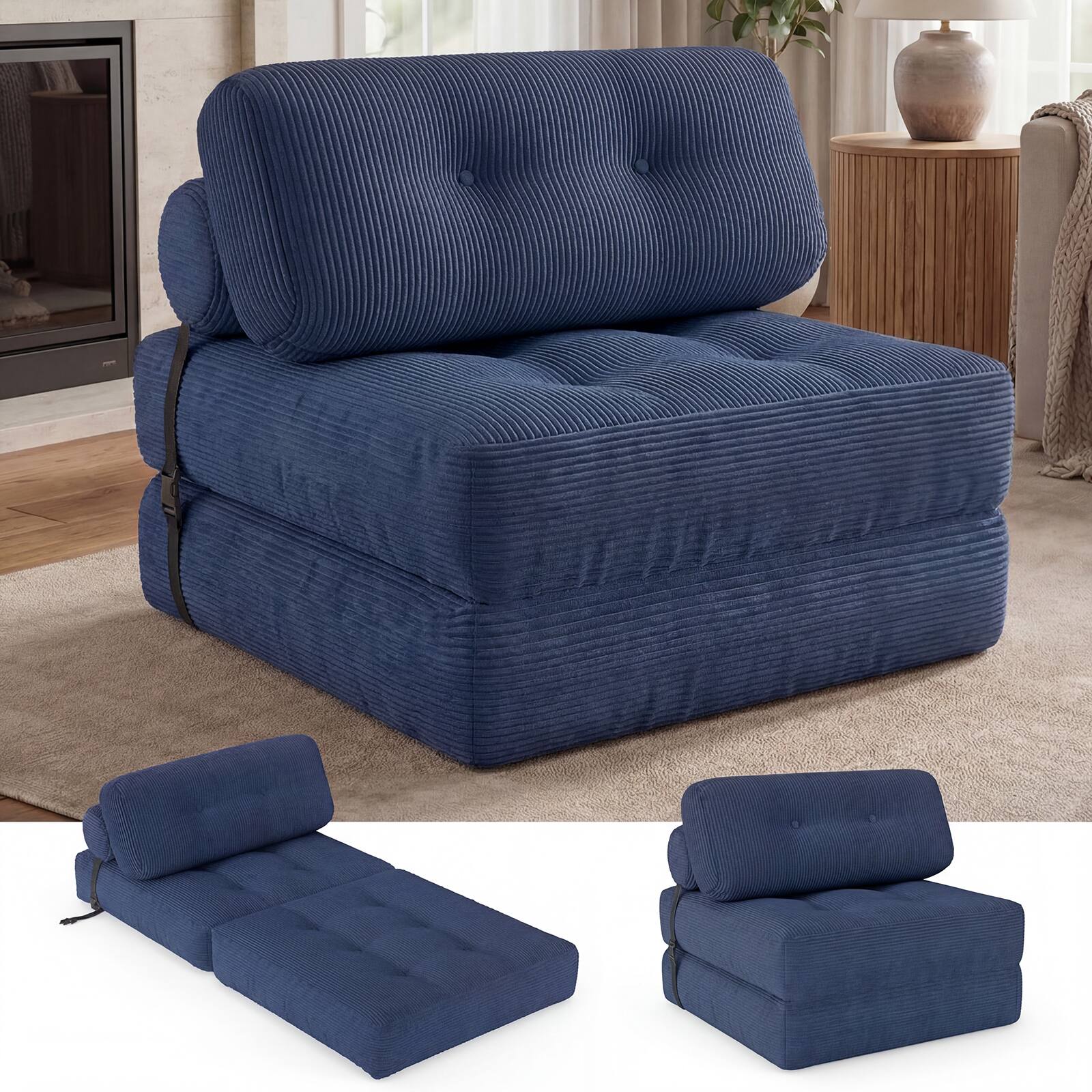 Alt View 5. Costway - Costway Folding Sofa Bed, Convertible Sleeper Chair with Pillow Back Support Corduroy Cover - Navy Blue.