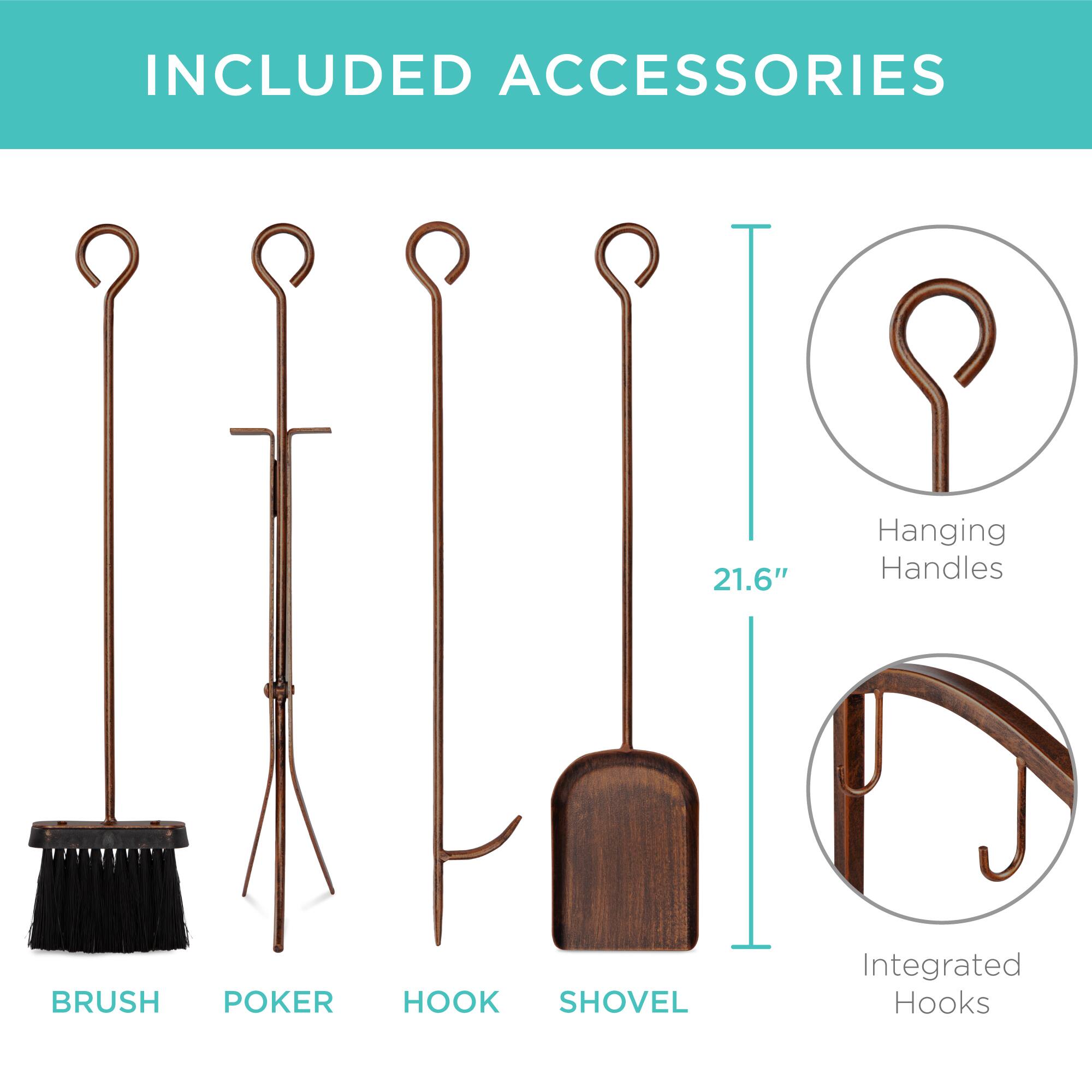 Included Accessories: 21.6" Hanging Handles, Brush, Poker, Hook, Shovel, Integrated Hooks.
