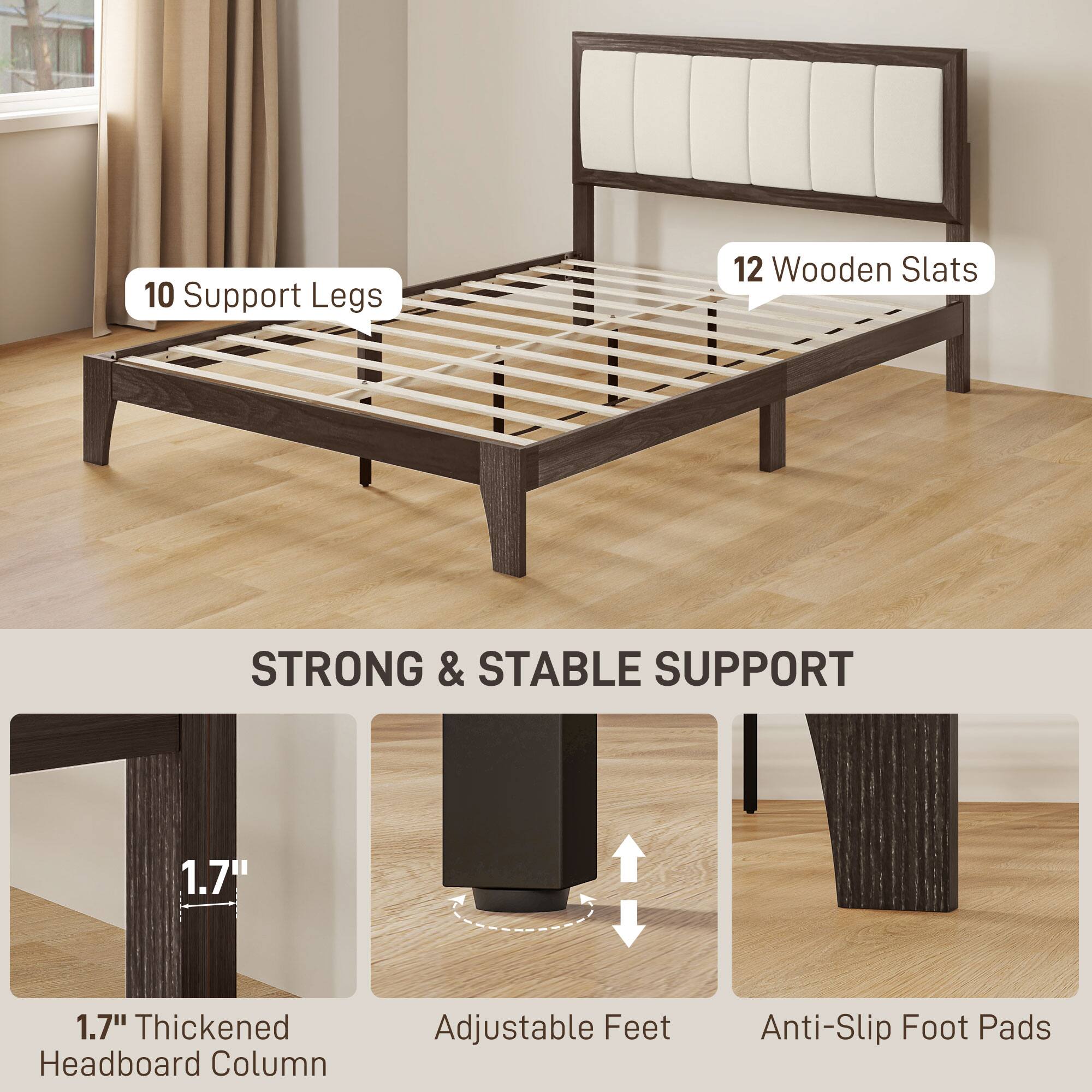 10 Support Legs, 12 Wooden Slats, STRONG & STABLE SUPPORT, 1.7" Thickened Headboard Column, Adjustable Feet, Anti-Slip Foot Pads
