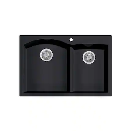 Front. Alfi - Black 33" Double Bowl Drop In Granite Composite Kitchen Sink - Black.