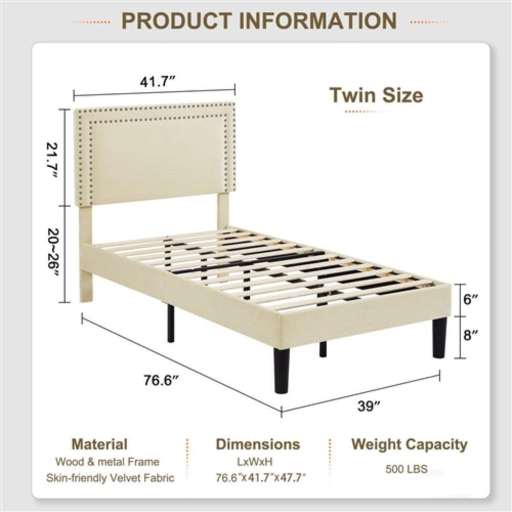 **PRODUCT INFORMATION**

**Twin Size**

- **Material:** Wood & metal Frame  
  Skin-friendly Velvet Fabric

- **Dimensions:** LxWxH  
  76.6" x 41.7" x 47.7"

- **Weight Capacity:** 500 LBS

**Dimensions:**
- 41.7" (Headboard height)
- 21.7" (Headboard width)
- 20-26" (Slats width)
- 6" (Leg width)
- 8" (Leg height)
- 76.6" (Length)
- 39" (Width)