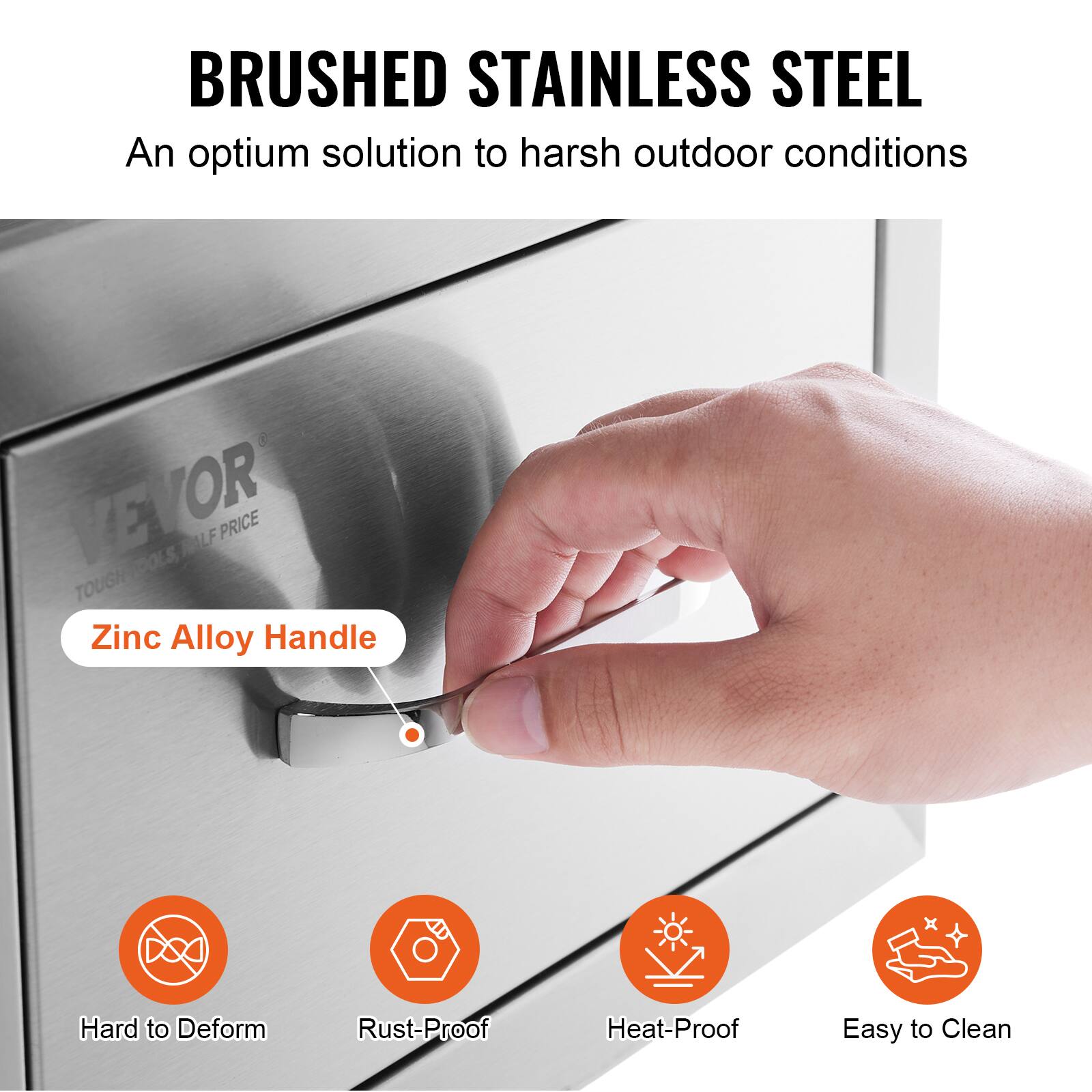 BRUSHED STAINLESS STEEL  
An optimum solution to harsh outdoor conditions  

Zinc Alloy Handle  

Hard to Deform  
Rust-Proof  
Heat-Proof  
Easy to Clean