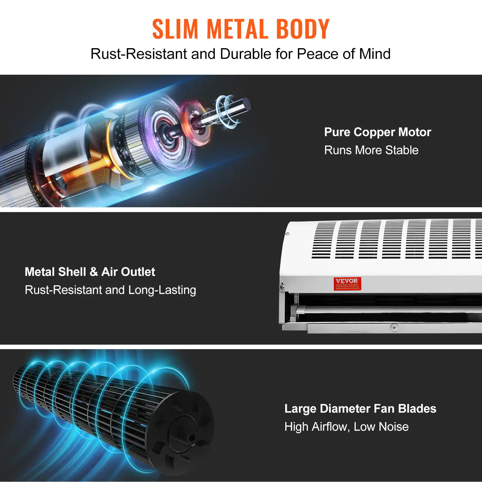 SLIM METAL BODY  
Rust-Resistant and Durable for Peace of Mind  

Pure Copper Motor  
Runs More Stable  

Metal Shell & Air Outlet  
Rust-Resistant and Long-Lasting  

Large Diameter Fan Blades  
High Airflow, Low Noise