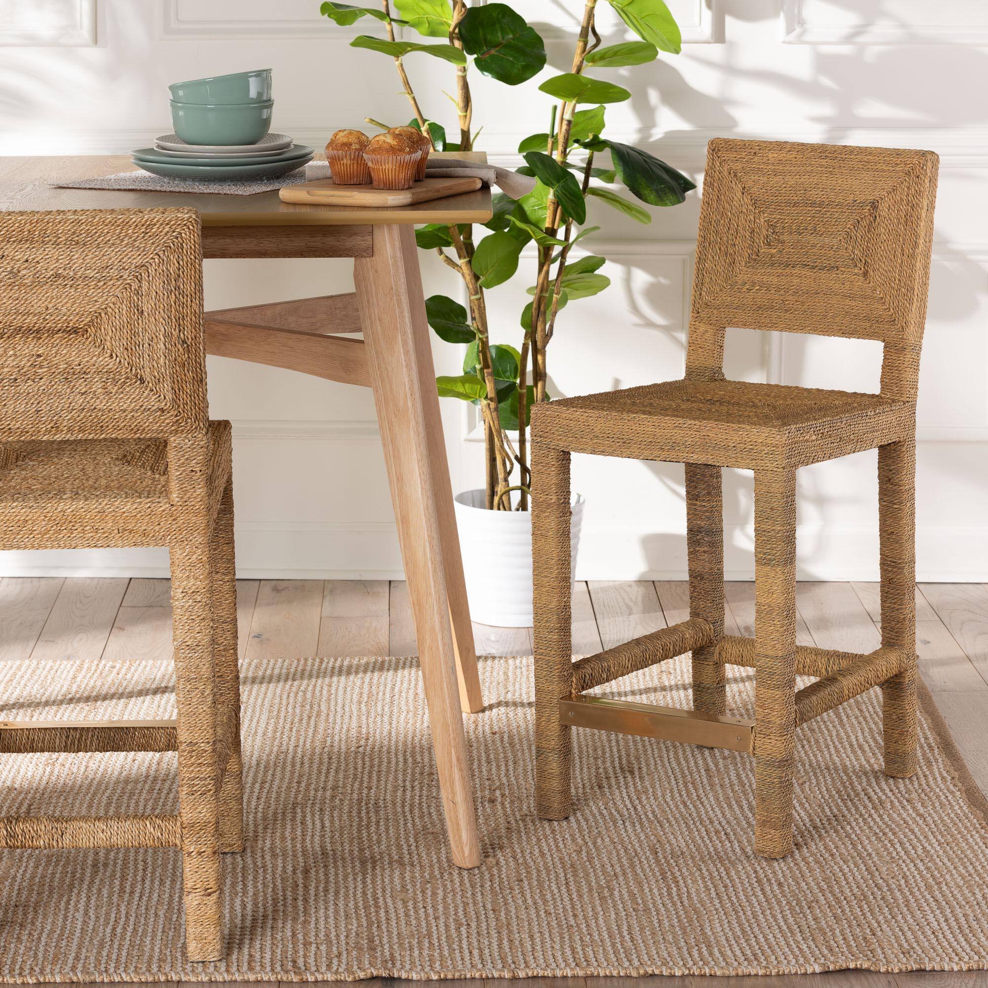 Alt View 4. bali & pari - Anfield Modern Bohemian Natural Seagrass and Mahogany Wood Counter Stool - Natural.