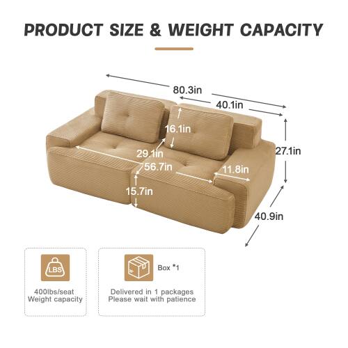 PRODUCT SIZE & WEIGHT CAPACITY

80.3in  
40.1in  
16.1in  
29.1in  
56.7in  
11.8in  
27.1in  
15.7in  
40.9in  

LBS  
400lbs/seat Weight capacity  

Box *1  
Delivered in 1 packages  

Please wait with patience