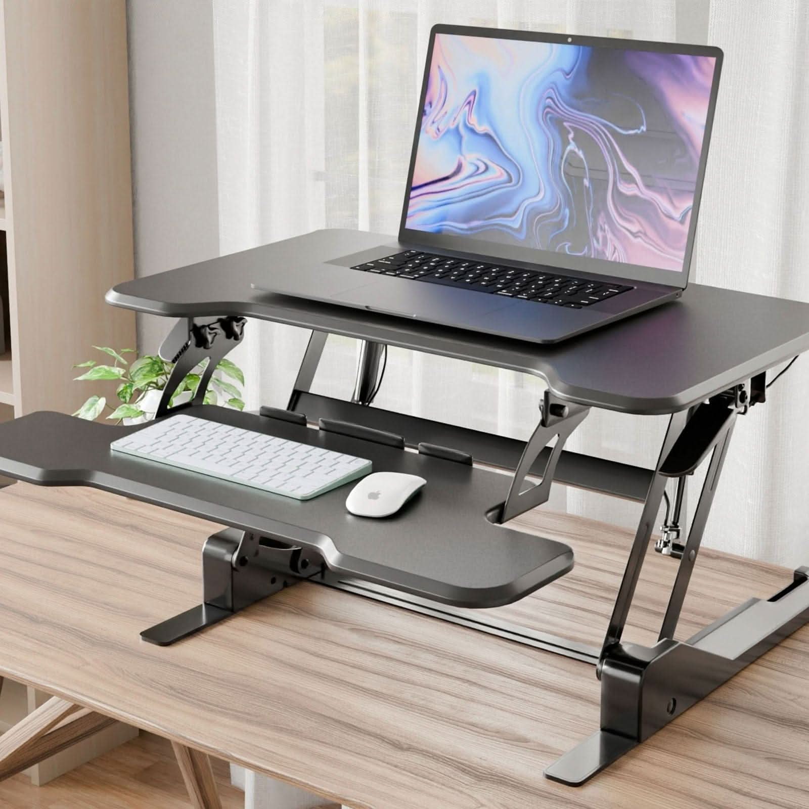 Left. Mount-It! - Compact Standing Desk Converter with 30″ Desktop and Height-Adjustable Sit-Stand Workstation, Black - Black.