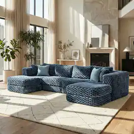 Whisen - Modular Boneless Sectional Sofa with Two Movable Ottomans for Living Room - Blue