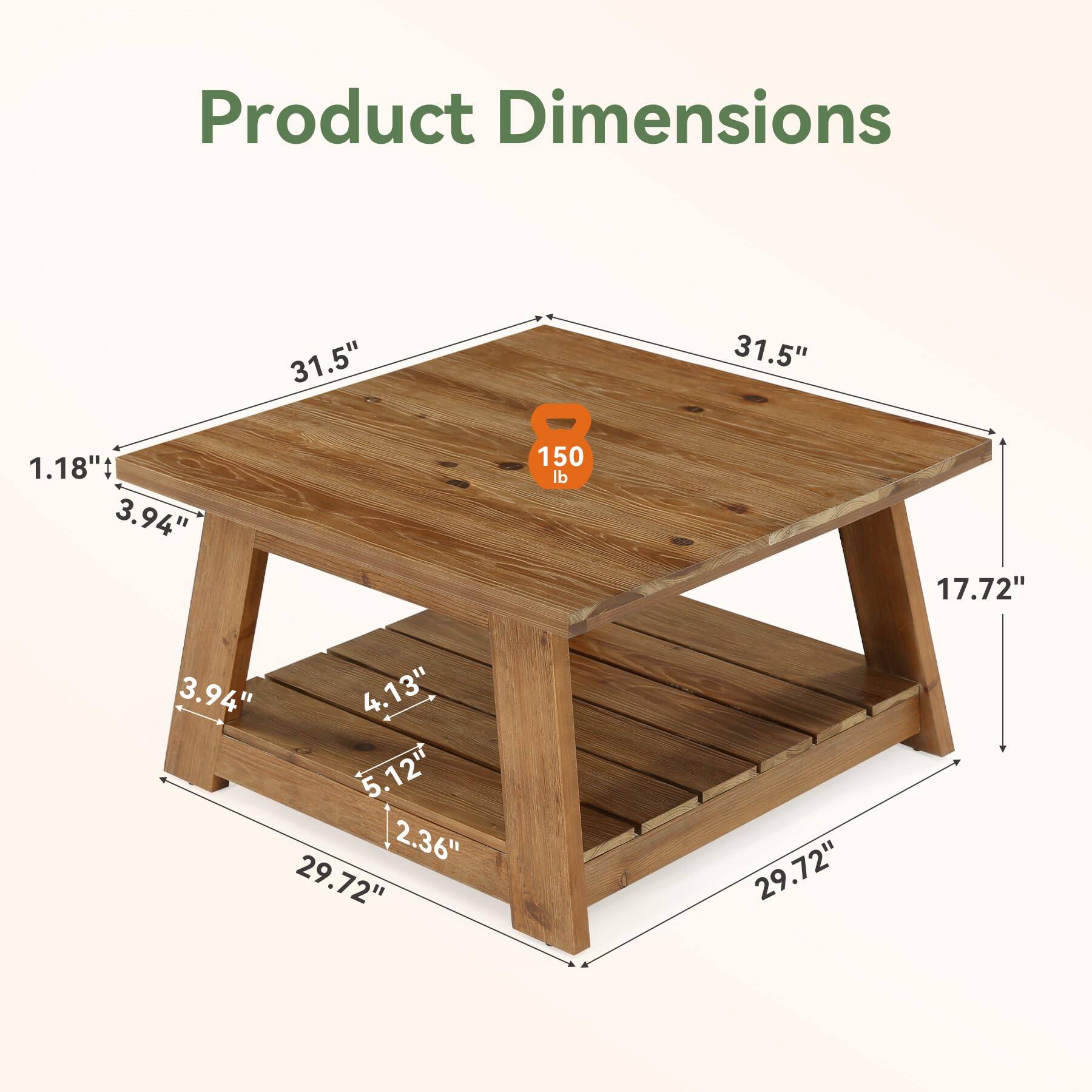 Product Dimensions
31.5" x 31.5" x 1.18" x 3.94" x 3.94" x 4.13" x 5.12" x 2.36" x 29.72" x 17.72"
150 lb