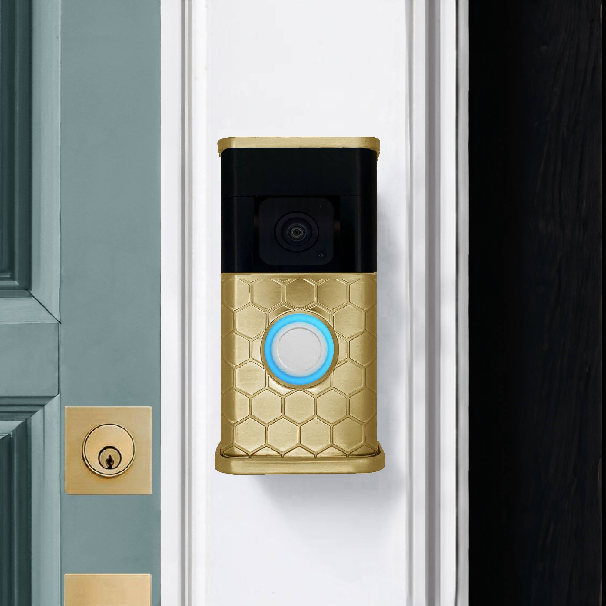 Alt View 3. Michael Healy - Honeycomb Video Doorbell Cover (Ring 3, 3 Plus, 4, Battery Plus and Battery Pro) - Satin Brass.