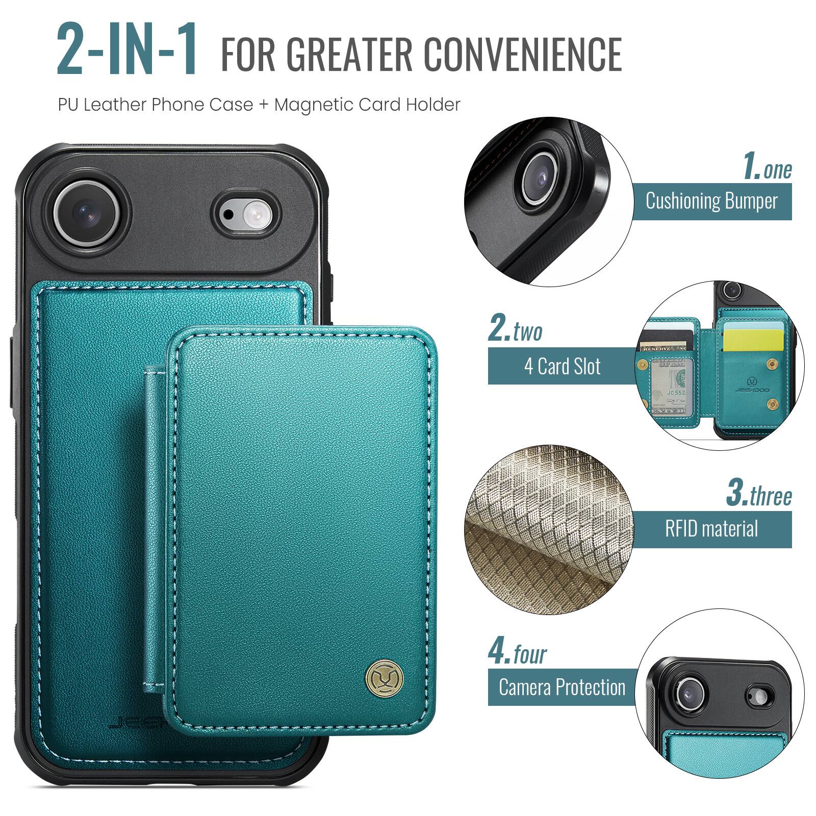 2-IN-1 FOR GREATER CONVENIENCE  
PU Leather Phone Case + Magnetic Card Holder  

1. one  
Cushioning Bumper  

2. two  
4 Card Slot  

3. three  
RFID material  

4. four  
Camera Protection