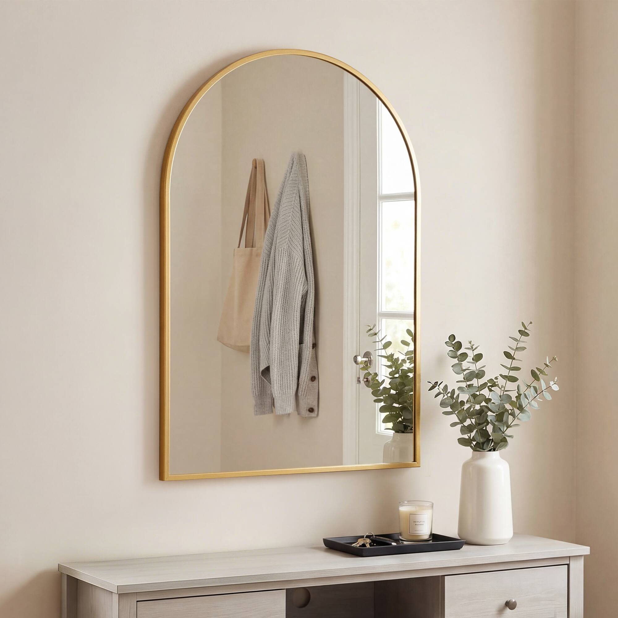 Alt View 3. Sweetcrispy - 24" x 36" Arch Framed Bathroom Wall Mirror, Shatterproof Vanity Mirror, Anti-Rust, Hanging or Leaning - Gold.