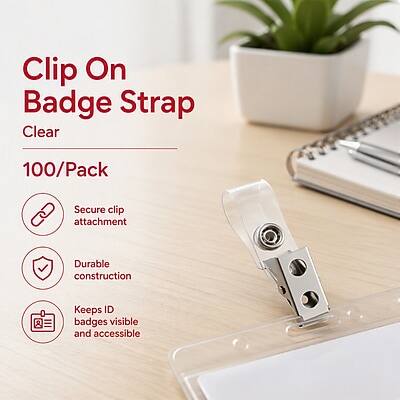 Clip On Badge Strap Clear  
100/Pack  
Secure clip attachment  
Durable construction  
Keeps ID badges visible and accessible