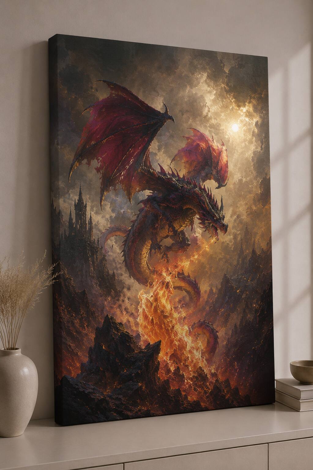 Front. FC Design - Large Inferno Sky Dragon Wall Art Canvas Print 24x36" Volcanic Realm Fantasy Painting for Home Decor - MultiColor.