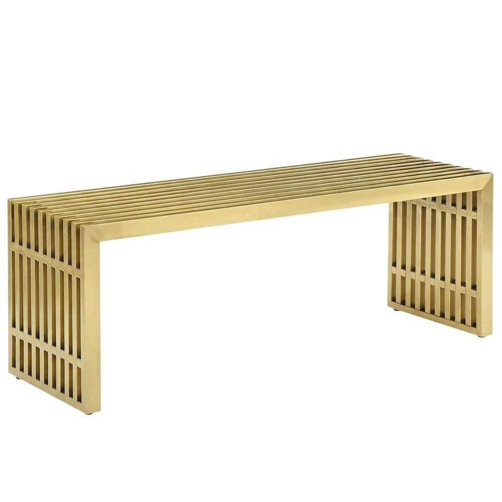 Left. FurniFact - Medium stainless steel bench with durable construction and sleek design - Gold.