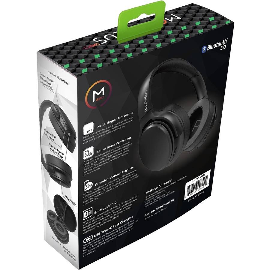 Sure, here is the corrected and grouped text from the image:

---

**Bluetooth 5.0**

**Control Illustration**
- Power On/Off
- Play/Pause
- Answer Calls
- Volume Up
- Volume Down
- Next Track
- Previous Track

**Digital Signal Processing**
- DSP with clean, clear sound
- Reduces distortion and noise
- Enhances audio quality

**Active Noise Cancelling**
- 30dB noise cancellation
- Reduces ambient noise
- Provides a more immersive listening experience

**Extended 5-Hour Playtime**
- 55 hours of playtime
- Up to 55 hours with ANC on
- Up to 30 hours with ANC off

**Bluetooth 5.0**
- Supports Bluetooth 5.0
- Enhanced audio quality and range

**Fast Charging**
- USB Type-C charging
- Fast charging capability
- Up to 2 hours of playtime in 15 minutes

**Package Contents:**
- MORPHEUS Headphones
- USB Type-C Cable
- User Manual

**System Requirements:**
- Bluetooth enabled device

**Made in China**

---

This text is organized to reflect the features and contents as shown on the