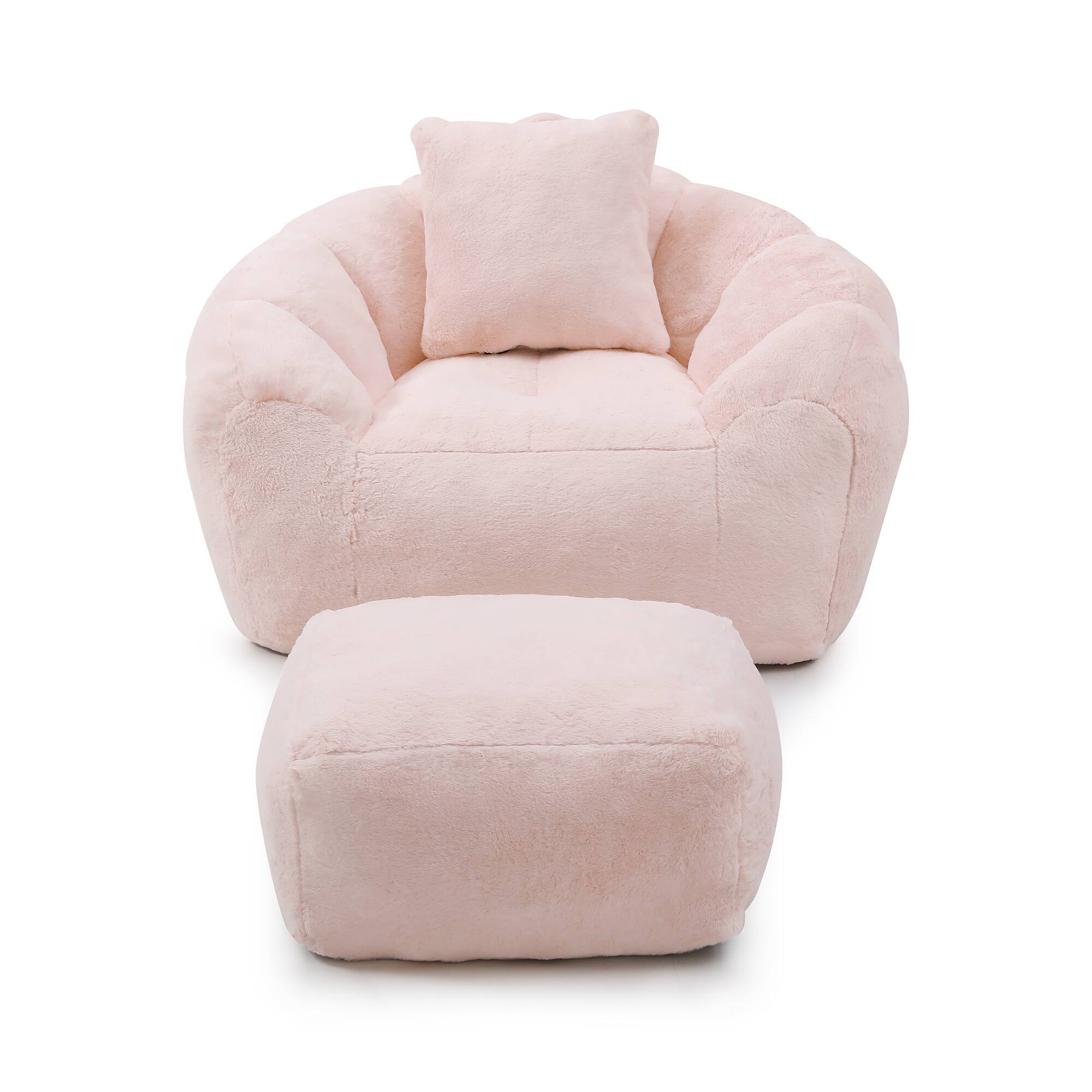 Left. GOODSILO - Oversized Shell-Shaped Faux Fur Bean Bag Chair with Matching Footstool for Living Room and Bedroom Lounging - Pink.
