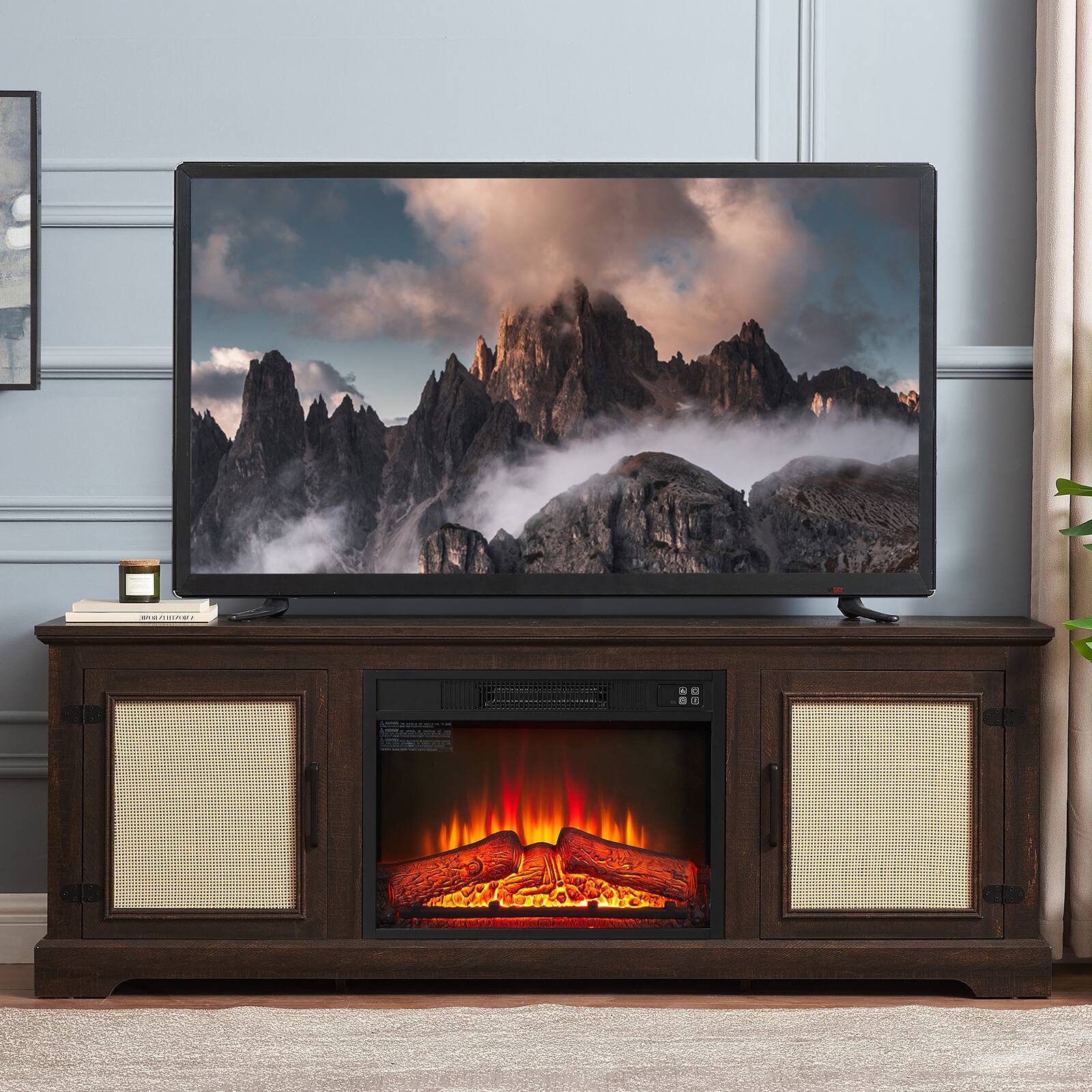 Front. Chateau Abodes - 65" Farmhouse TV Stand with Natural Rattan Doors, Adjustable Wood Shelf & 23" Fireplace Insert for up to 70" TVs - Espresso.