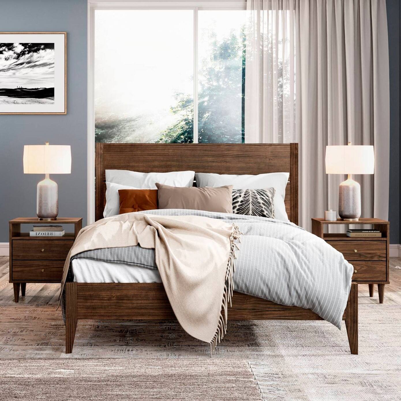 Alt View 1. Hivvago - Queen Size Rustic Walnut Mid Century Slatted Platform Bed - Walnut.