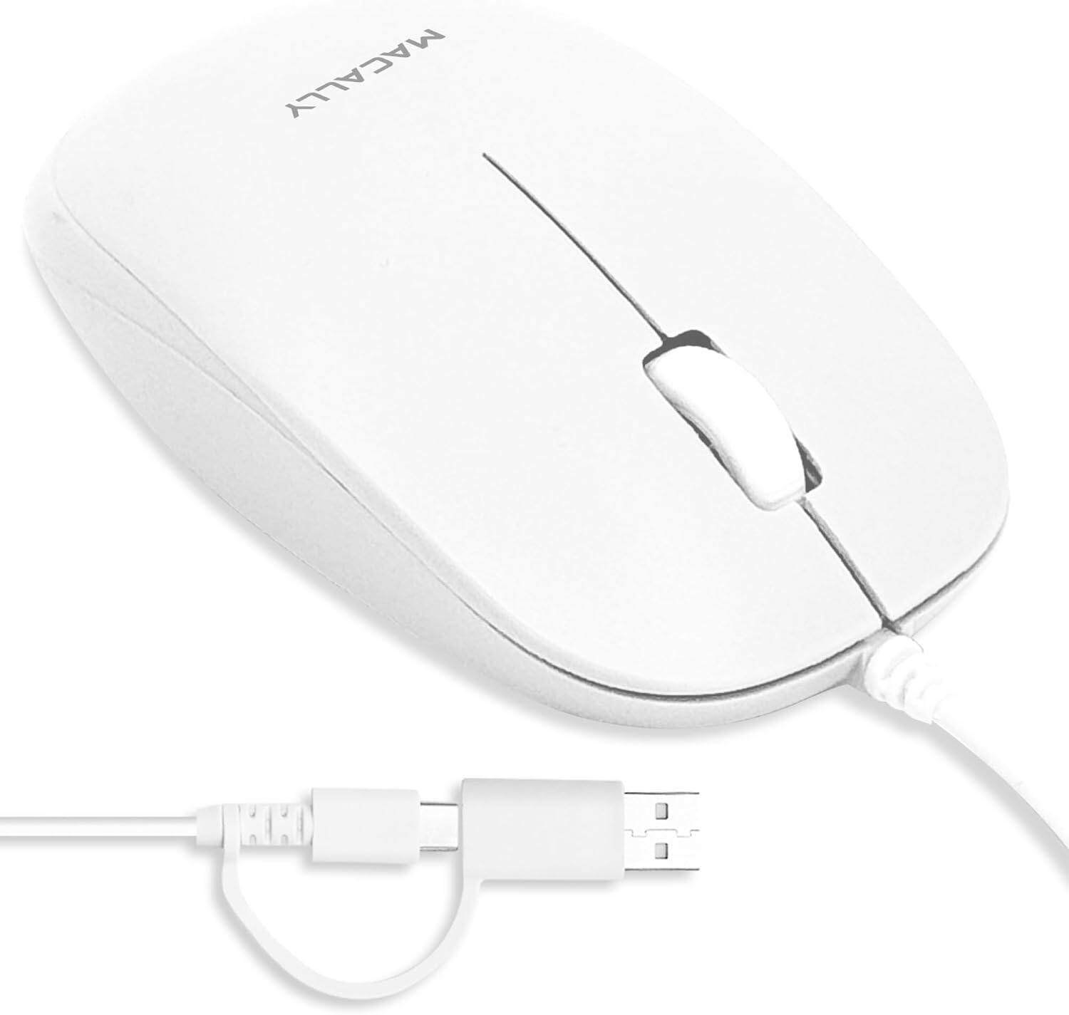 X9 - Macally USB Wired Mouse for Mac and Windows - Plug and Play 3 Button Corded Computer Mouse Wired - White with Gray Trim - Wired - White with Silver Trim