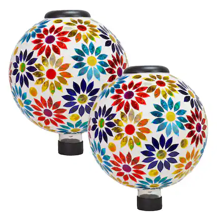 Front. Sunnydaze - 2 Gazing Balls with Solar Lights - 10 in - Midsummer Dahlias.