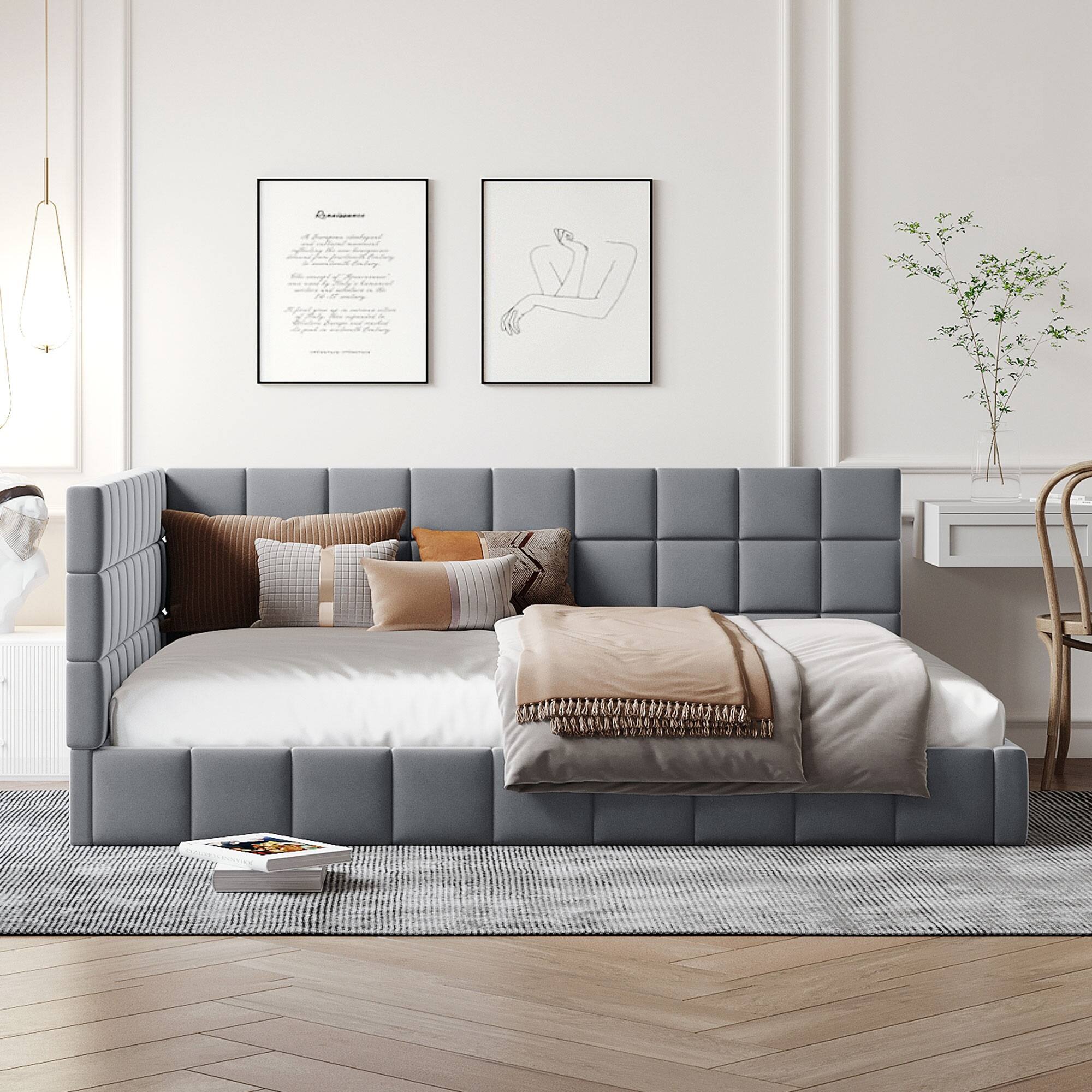 Angle. Tiramisubest - Full Size Upholstered Daybed/Sofa Bed Frame-Gray, Velvet - Gray.