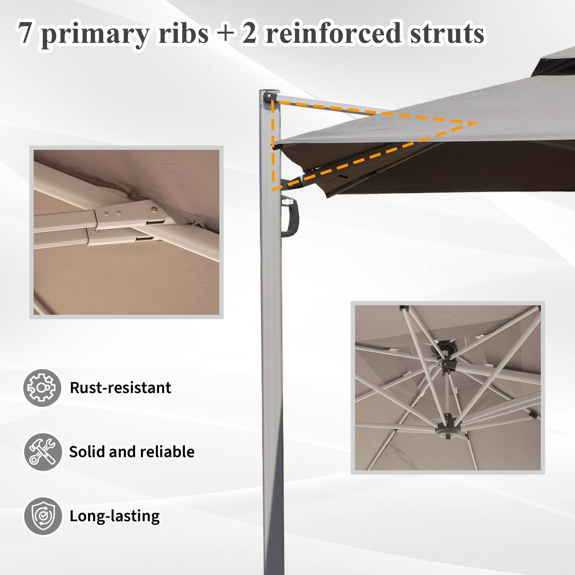 7 primary ribs + 2 reinforced struts

Rust-resistant  
Solid and reliable  
Long-lasting