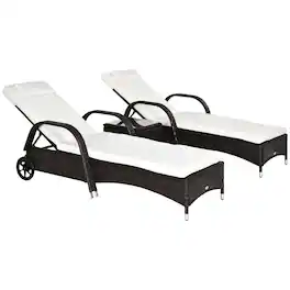 Outsunny - Wicker Outdoor Chaise Lounge Chair Set of 3 with Side Table, 5-Level Adjustable Backrest PE Rattan Pool Lounge Chair - Brown, Cream White