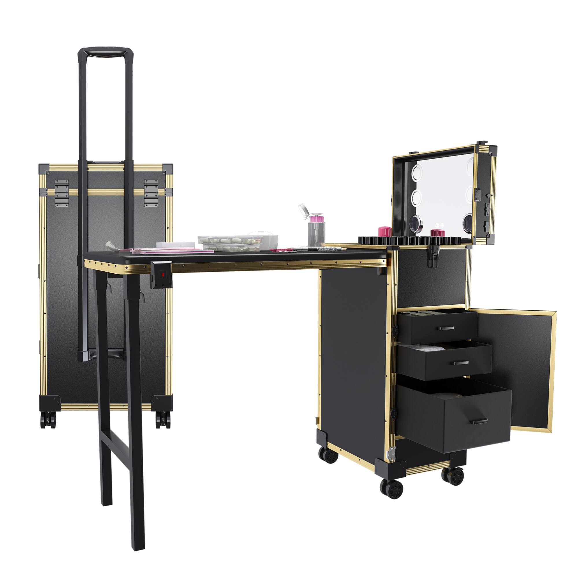 Back. GOODSILO - Professional Folding Nail Art Table with LED Mirror Bluetooth Speaker Lockable Drawers Telescopic Pole Salon Station - Black+Gold.