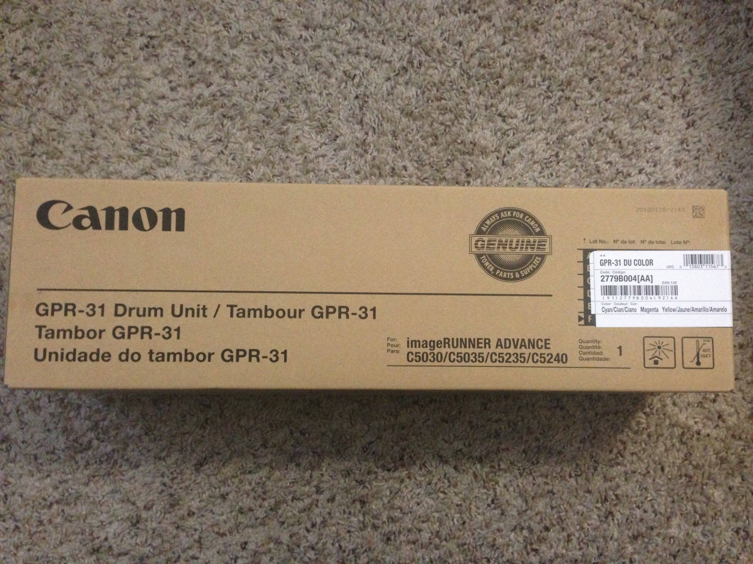 Canon  
Genuine  
GPR-31 Drum Unit / Tambour GPR-31  
Tambo GPR-31  
Unidade do tambor GPR-31  

For: imageRUNNER ADVANCE  
C5030/C5035/C5235/C5240  

Quantity: 1  
Quantité: 1  
Cantidad: 1  

Lot No: 2779B004[AA]  
Code: GPR-31 DU COLOR  
UPC: 840531155679  

Color: Cyan/Ciano Magenta Yellow/Jaune/Amarillo/Amarelo