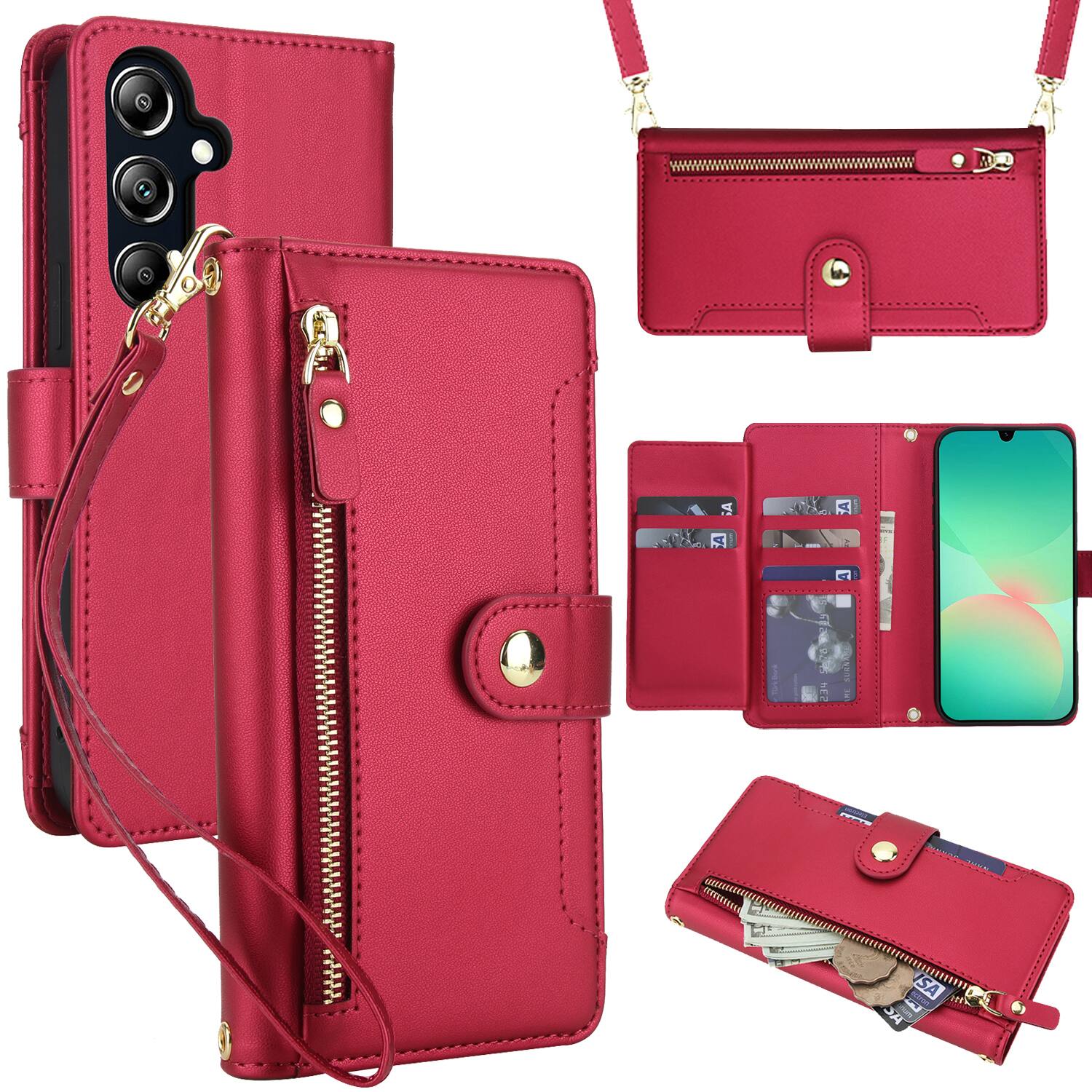 UUCOVER - For Samsung Galaxy A16 5G PU Leather Wallet Case with Card Slots Cash Holder, Zipper Pocket, Stand, Shoulder Wrist Strap - Red price history on PriceWatchPro