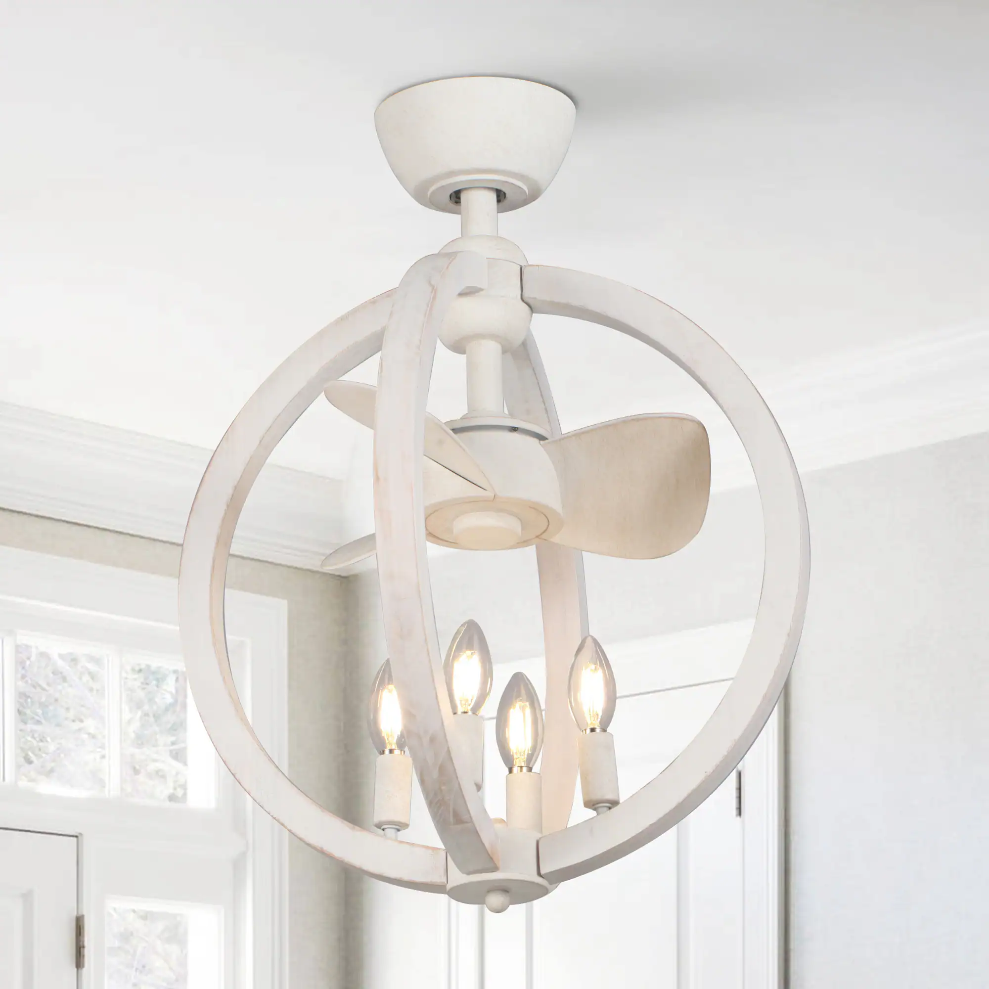 Front. Parrot Uncle - 18.4" Farmhouse White Wooden Globe Bobo Fandelier Ceiling Fan with Remote - White.