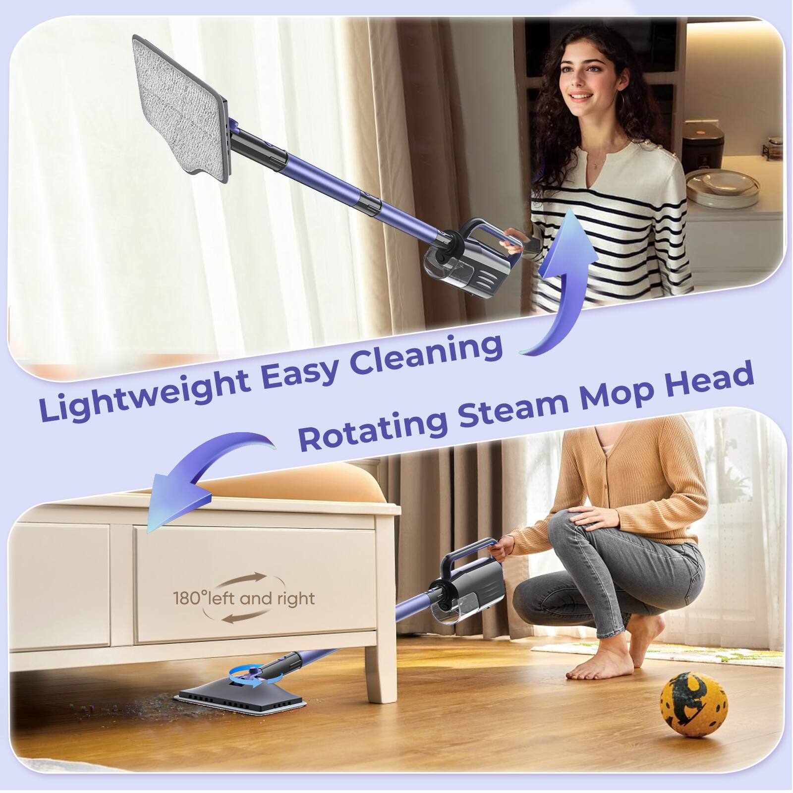 Lightweight Easy Cleaning Rotating Steam Mop Head  
180° left and right