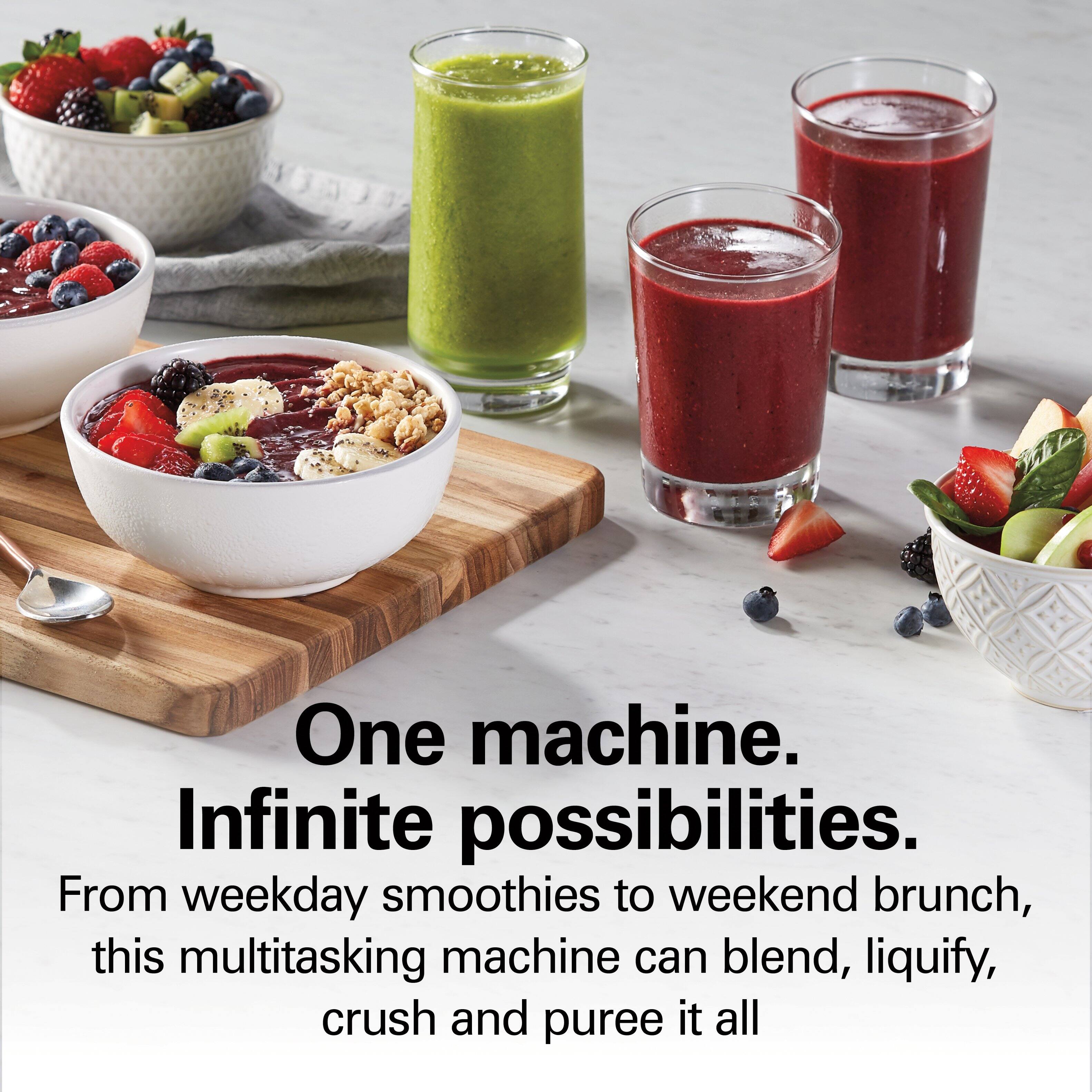 One machine. Infinite possibilities.  
From weekday smoothies to weekend brunch, this multitasking machine can blend, liquify, crush and puree it all