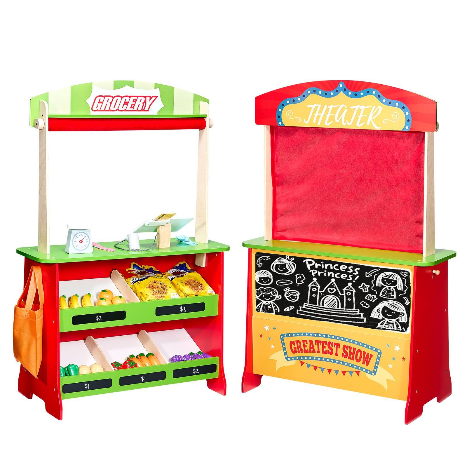 Glintex - Wooden Puppet Theater Playset, 2-in-1 Reversible Play Store with Chalkboard & Cash Register, Pretend Market Stand Toy