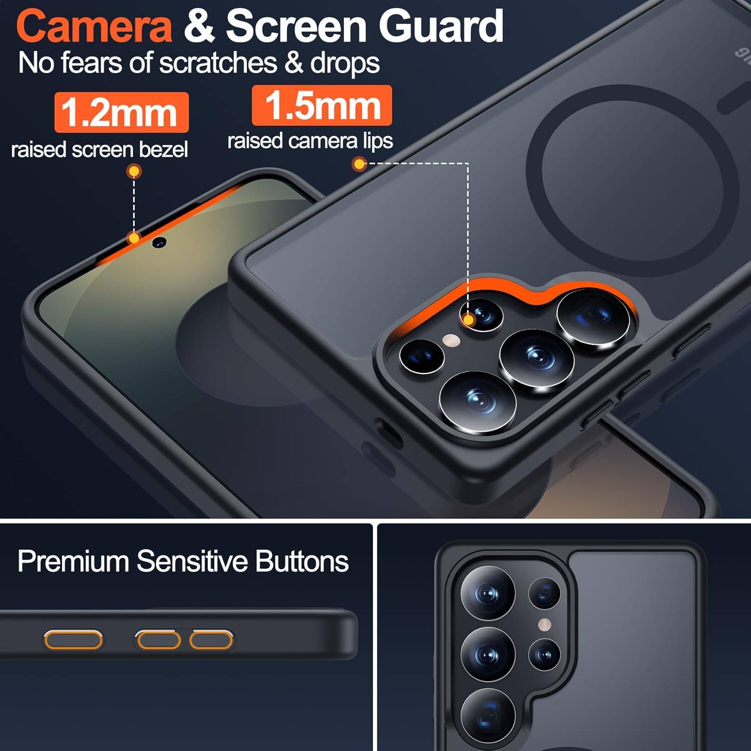 Camera & Screen Guard
No fears of scratches & drops
1.2mm raised screen bezel
1.5mm raised camera lips
Premium Sensitive Buttons