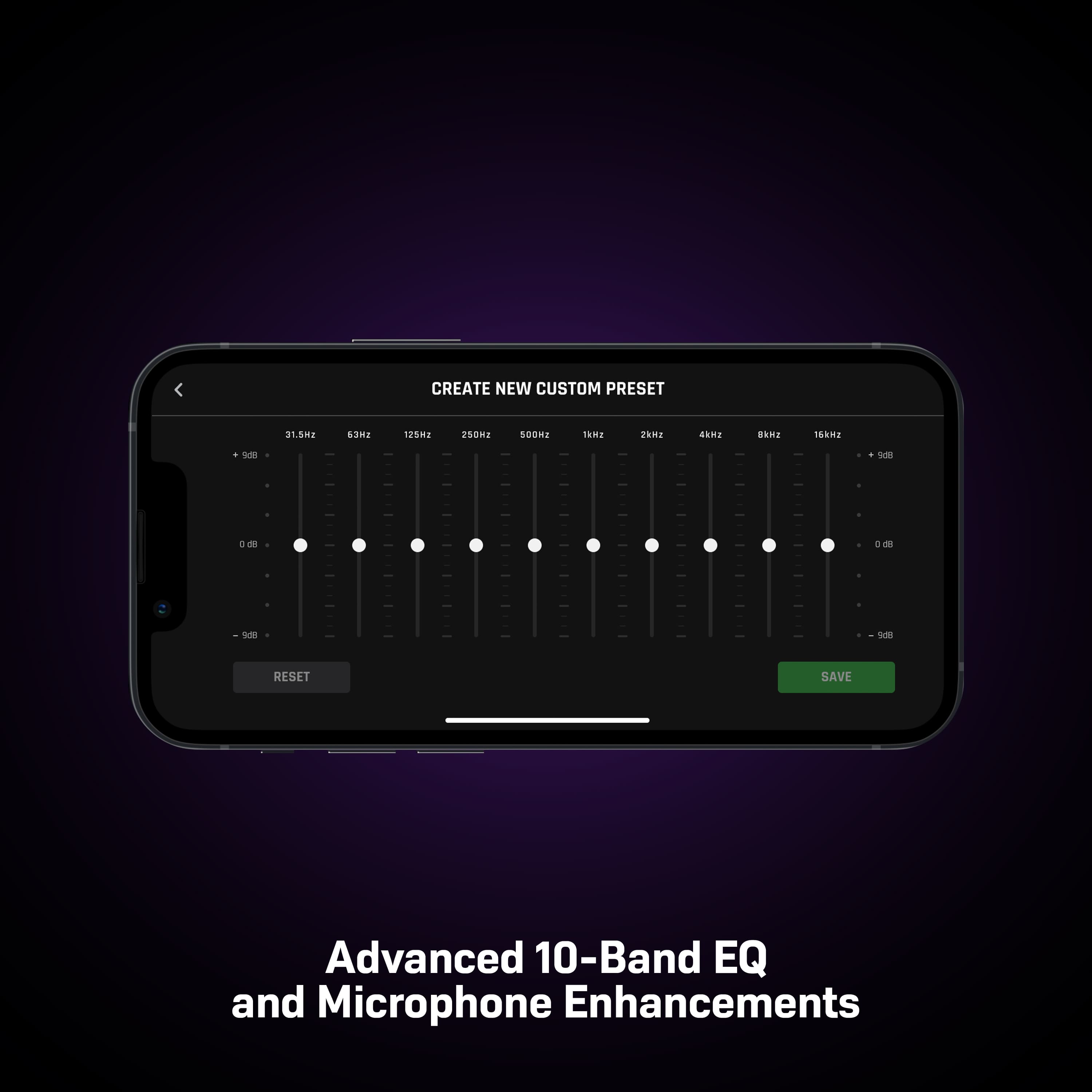 The text on the image is grouped and corrected as follows:
"Create New Custom Preset"
"Advanced 10-Band EQ and Microphone Enhancements"