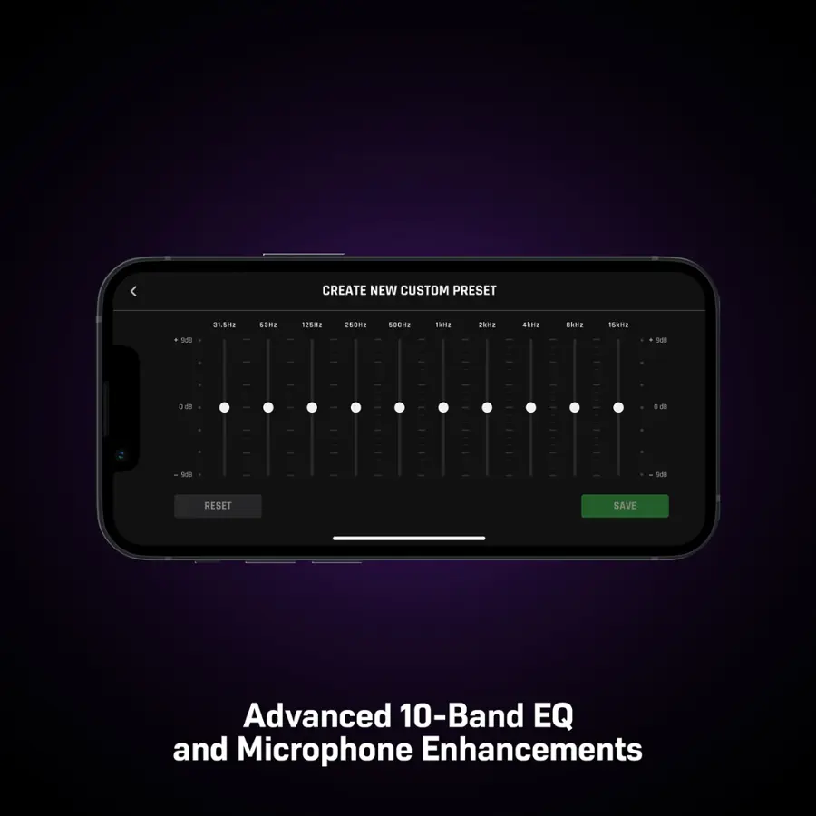The text on the image is grouped and corrected as follows:

"Create New Custom Preset"
"Advanced 10-Band EQ and Microphone Enhancements"