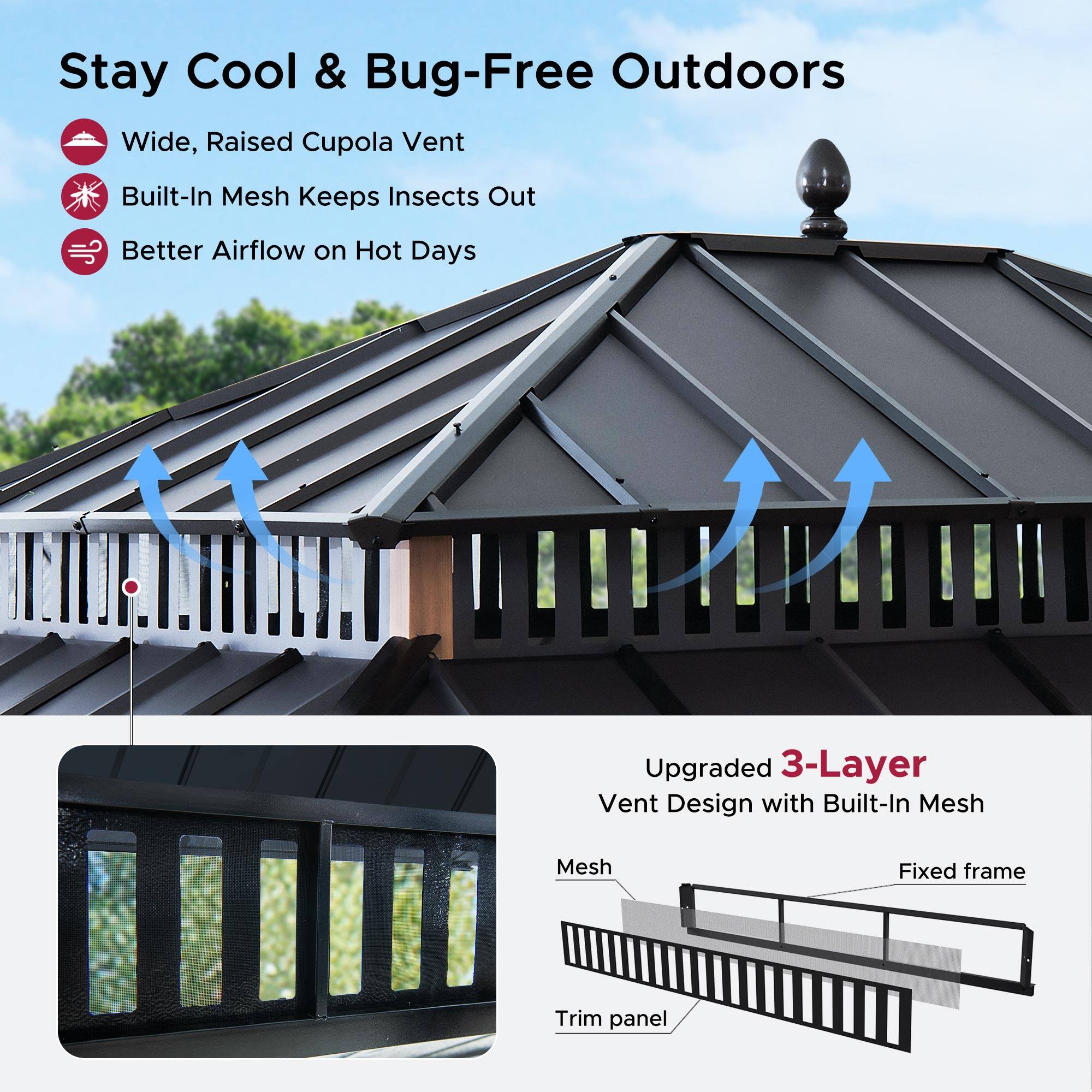 Stay Cool & Bug-Free Outdoors

- Wide, Raised Cupola Vent
- Built-In Mesh Keeps Insects Out
- Better Airflow on Hot Days

Upgraded 3-Layer Vent Design with Built-In Mesh

- Mesh
- Fixed frame
- Trim panel
