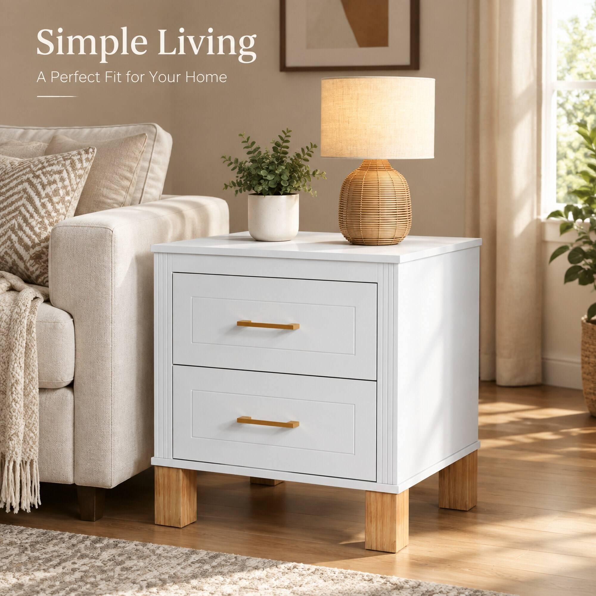 RYHNUYNE 2 Drawer Nightstand, MDF Frame, Solid Wood Legs, Fluted Panels ...