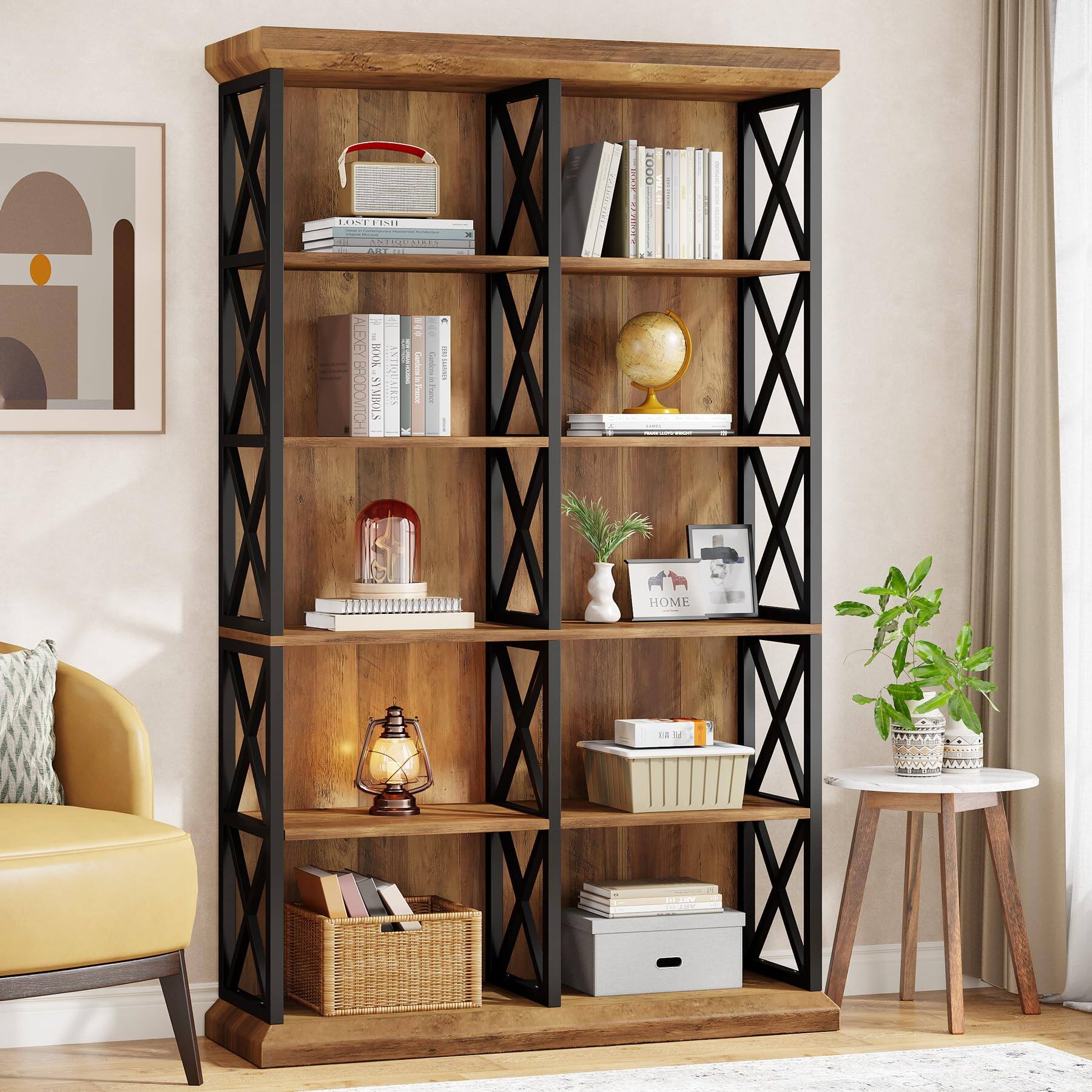 Tribesigns - 75 Inch Tall Bookcase, Double Wide Bookshelves and Bookcase - Brown and Black